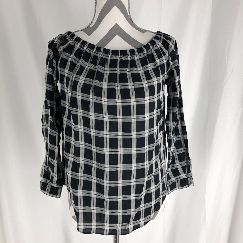 rag & bone jean smocked off shoulder top blouse shirt XS plaid